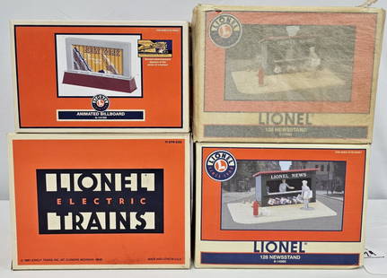 Lionel Train Accessories Lot of Four in C-10: Lionel Train Accessories Lot of Four, All new in box, condition is C-10. 1. Lionel 6-14159 Animated Billboard 2. Lionel 6-14085 128 Newsstand (x2) Both in box, one with original wrapping& one Animated