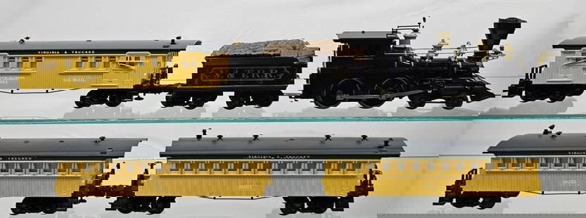 Lionel Virginia & Truckee Dry Gulch Locomotive Lot: Lionel Virginia & Truckee Dry Gulch Locomotive, Tender, & 3 Passenger cars. Tested and in Good Working Order. 1- Lionel 4-4-0 Locomotive and Tender 6-18702, C-7.2- Lionel Passenger Car Lot of 3, 16010