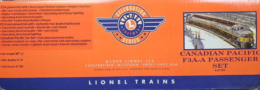 Lionel Canadian Pacific F3A-A Passenger Set (NIB): Modern Era, Lionel 6-21759, Canadian Pacific F3 A-A Passenger Set (New In Box). Engine Tested and in working condition. Comes with factory Shipping box. C-10.