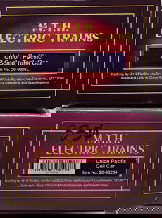 MTH Premier Union Pacific Tank Car & Coil Car Lot: MTH Premier Union Pacific "O Scale" Tank Car & Coil Car Lot, both are in collector grade C-9 condition. 1. UP Coil Car, 20-98204. 2. UP Tank Car O Scale, 20-9205L