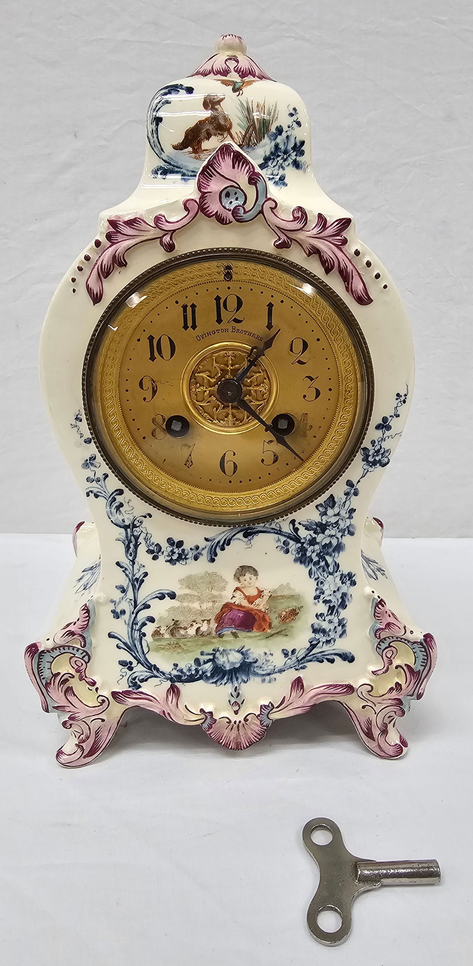 Fine Ovington Brothers Porcelain Game (Hunting) Mantle Clock (1 of 8)