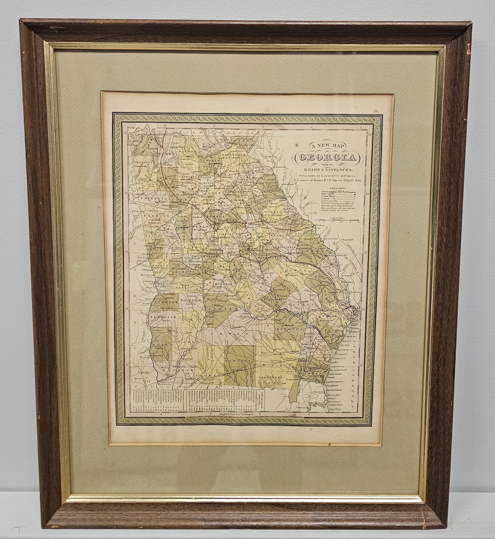 Scarce 1846 A New Map of Georgia W/Roads & Dist.: Scarce Original S. Augustus Mitchell Circa 1846, A New Map of Georgia With Roads & Distances. In collector grade framed condition. A highly sought after map, with Atlanta not being listed at the time 