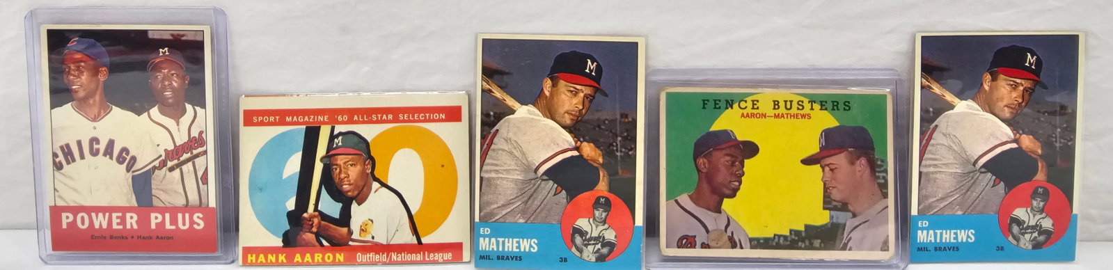 Vintage Lot of Hank Aaron-Braves Baseball Card Lot: Vintage Lot of Hank Aaron - Braves Baseball Cards, all cards are in authentic raw ungraded condition as seen. 1. Topps #212 Fence Busters Aaron-Mathews. 2. Topps #566 1960 Hank Aaron All-Star. 3.1963 