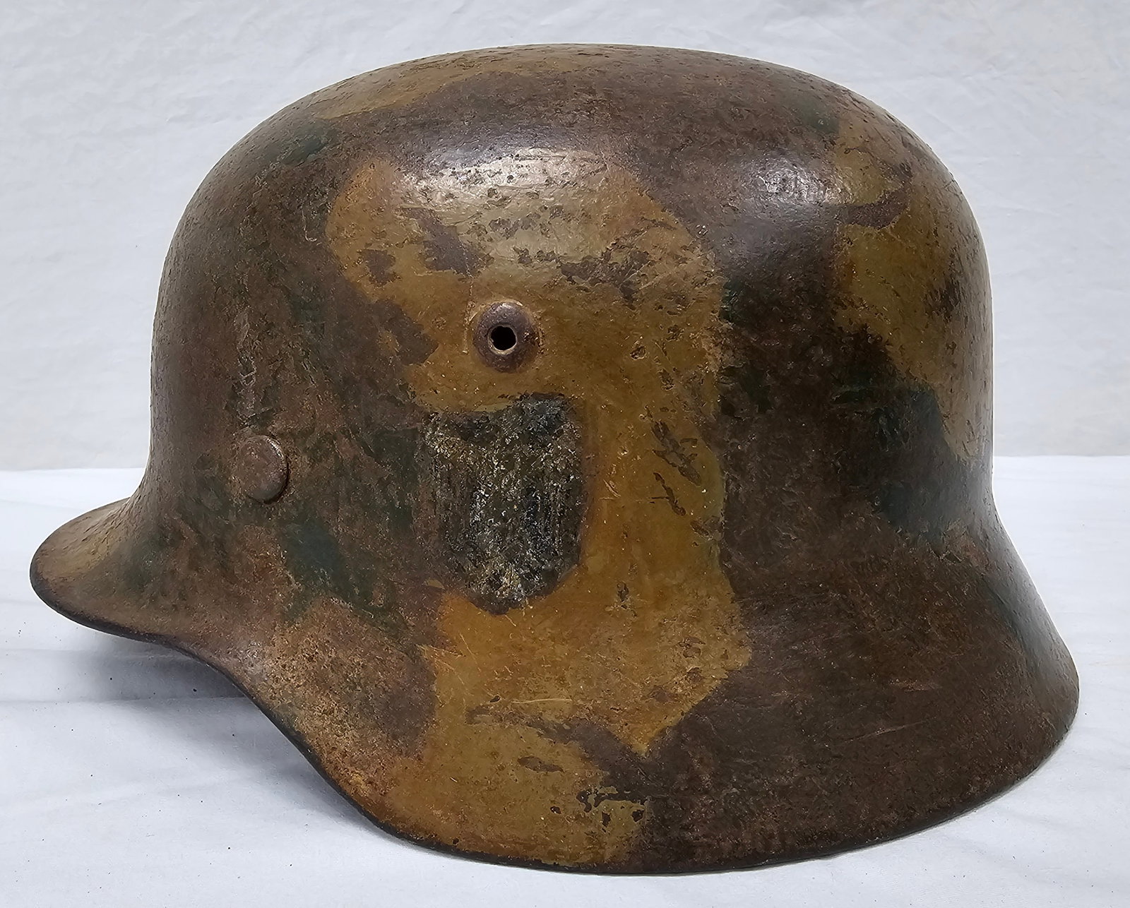 WWII German M42 Luftwaffe Normandy Camo Helmet: WWII German M42 Luftwaffe Normandy Camo Helmet in as seen original state, decals are faded. Missing Liner. Otherwise in Very nice original condition.