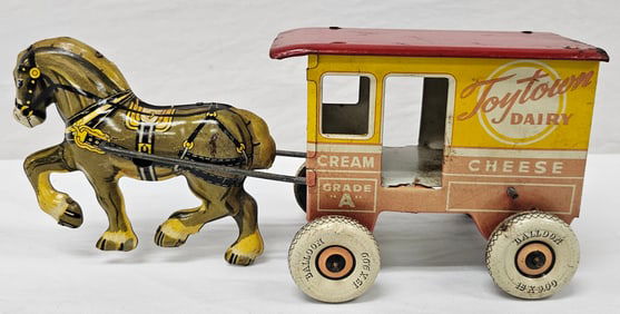 1940s Marx Toy Town Wind Up Dairy Wagon Toy
