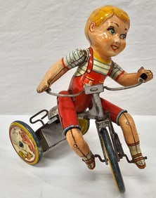 1930-40s Unique Art Kiddy Cyclist Tin Wind Up Toy