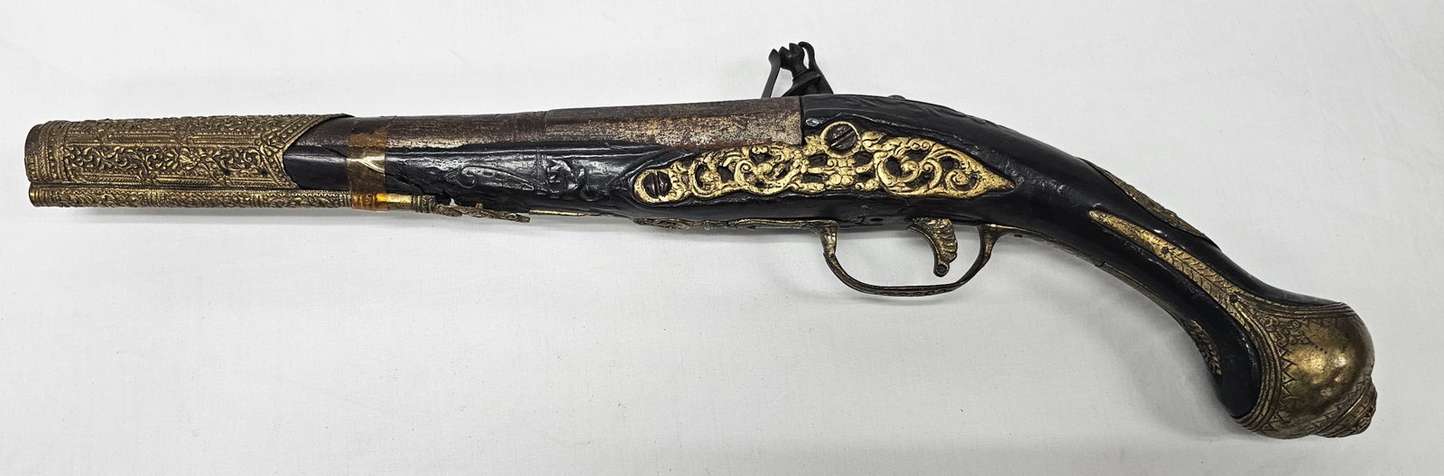 Early 18th Ottoman Turkish Brass Flintlock Pistol: Early 18th Century Middle Eastern or Ottoman Turkish Brass Flintlock Pistol in original as seen state (relic). SIze: 17" Long Total. Barrel Length 11" L