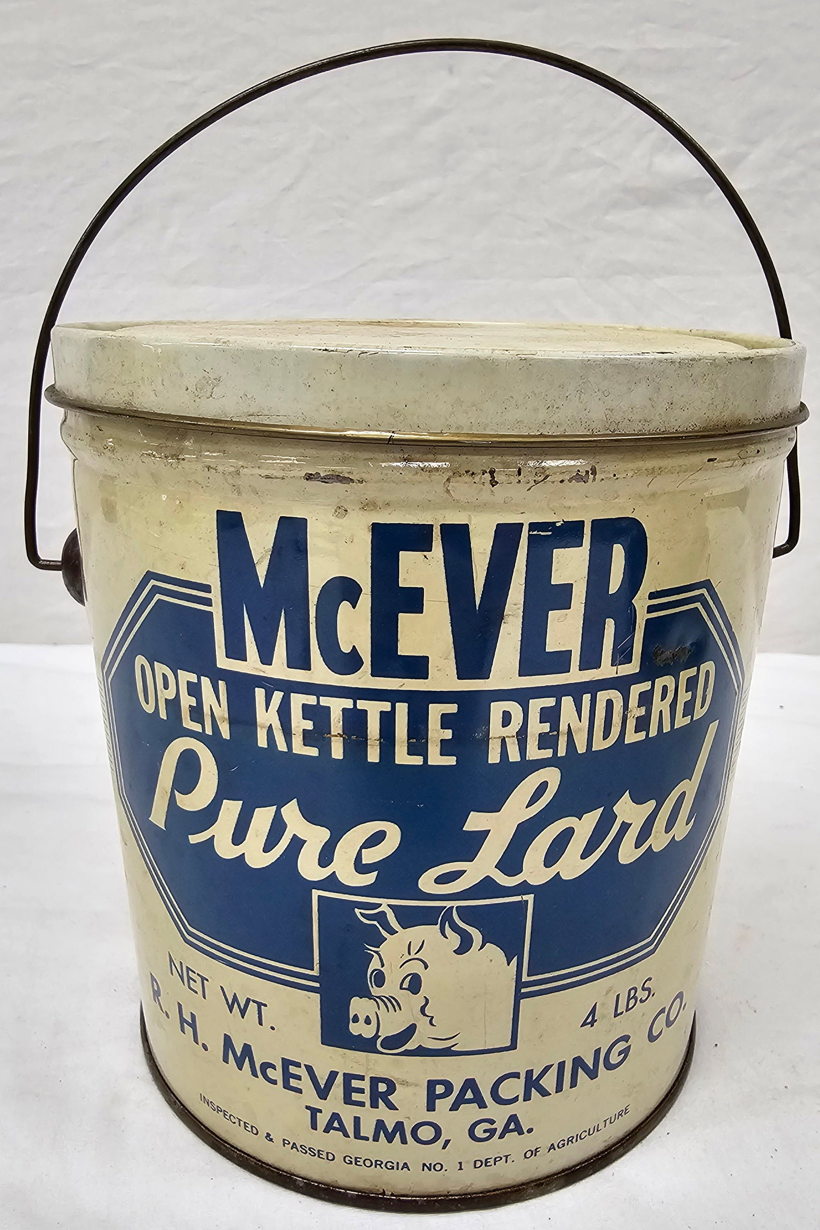 McEver "Pure Lard" 4lb Tin Can From Talmo, Georgia: Rare Local McEver "Pure Lard" 4lb Tin Can with original handle, from Talmo, GA. VG conditioin. Size: 6 1/2" T x 6" W