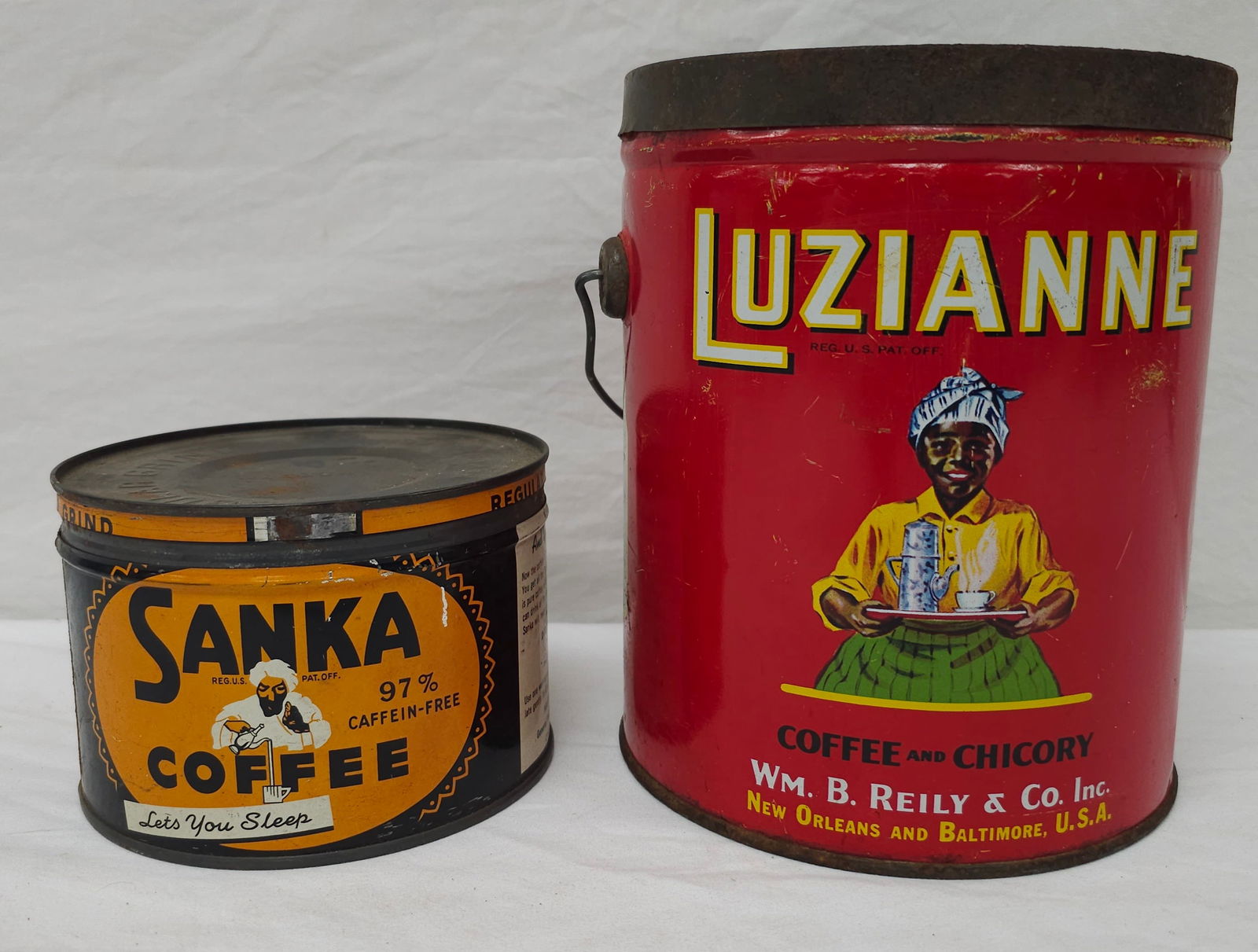 Luzianne Coffee & Sanka Coffee Tin Lot: Luzianne Coffee & Sanka Coffee Tin Lot in original state and very good eye appeal. Luzianne is a 4LB Coffee Tin.
