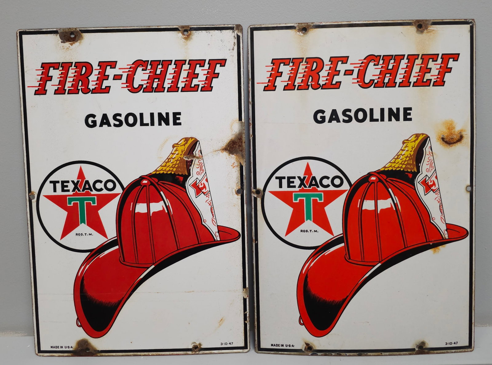 Texaco Fire Chief Porcelain Pump Plate Lot: Authentic Texaco Fire Chief Porcelain Pump Plate Lot of two. Both are in original state and are a matched pair from the pump. Overall in very good original condition. Marked: Made in USA 3-10-47. Size