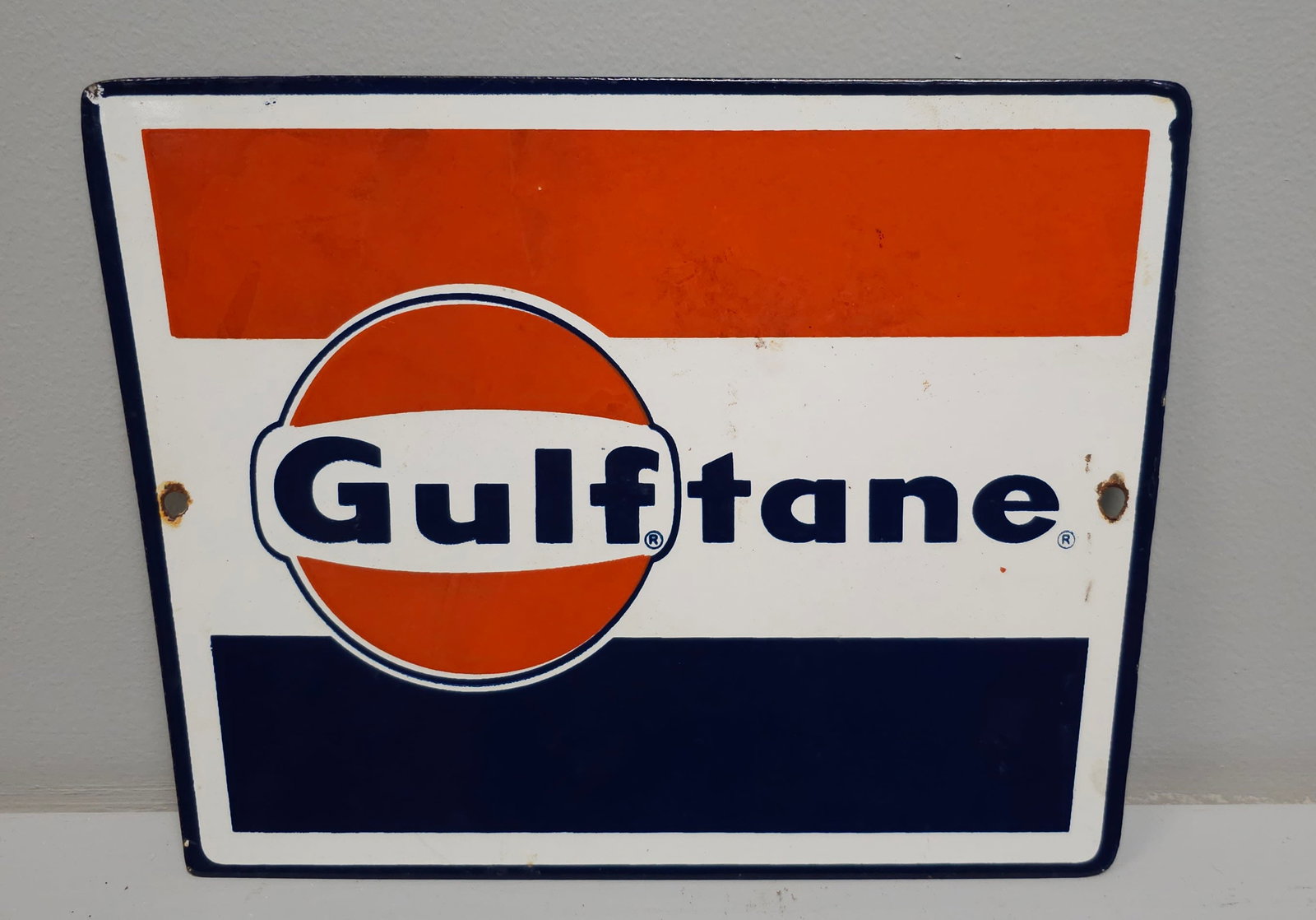 (Gulf Oil Co.) Gulftane Porcelain Pump Plate: Authentic (Gulf Oil Company) Gulftane Porcelain Pump Plate in excellent original condition. Size: 11 1/4' x 8 1/2'