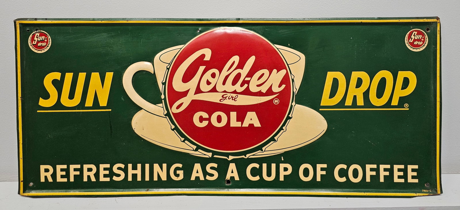 Rare 1950s Sun Drop Cola SST Sign: Rare 1950s original Sun Drop Cola, SST Sign, marked 7M6-C. In VG-EX condition with strong colors. Size: 27 7/8" W x 11 7/8" T.