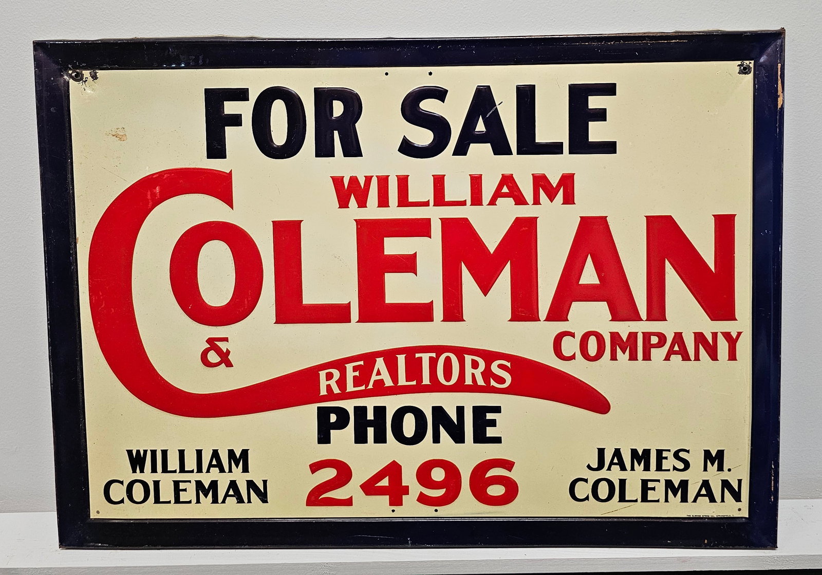 Rare1950s Realtors (SST) Advertising Sign: Rare 1950s Realtors (SST) Advertising Sign, For Sale William Coleman Company in outstanding original condition with strong eye appeal and scarce subject matter. Maker: The Elwood Myers Co. Ohio. Size: