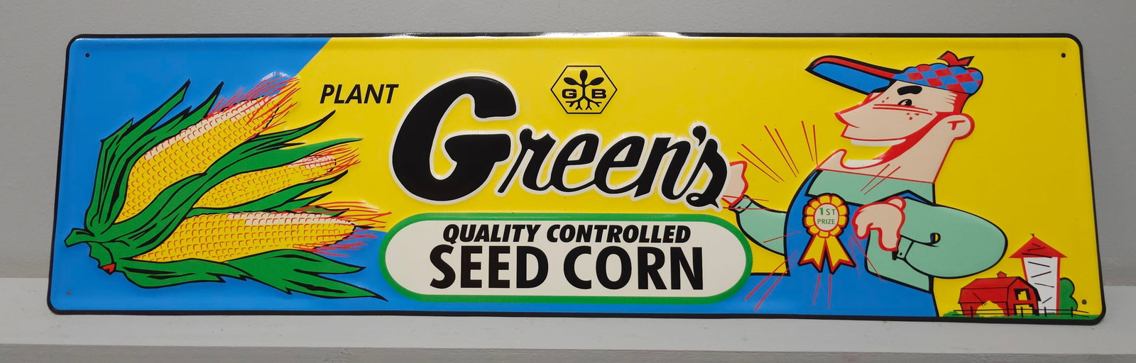 Greens Seed Corn Farm Advertising Sign: Greens Seed Corn Farm Advertising Sign in C-9+ condition. Newer sign. Size: 29" W x 7 3/4" T