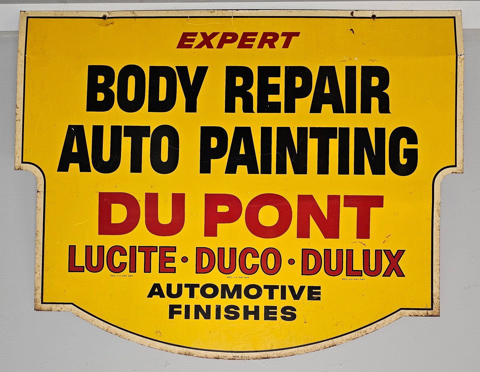 Du-Pont Body Repair (DSM) Advertising Sign: 1950s Du-Pont Body Repair (DSM) Advertising Sign in original condition. C-7.5+. Maker: A5400 Made in USA. Size: 36" 28 1/2"