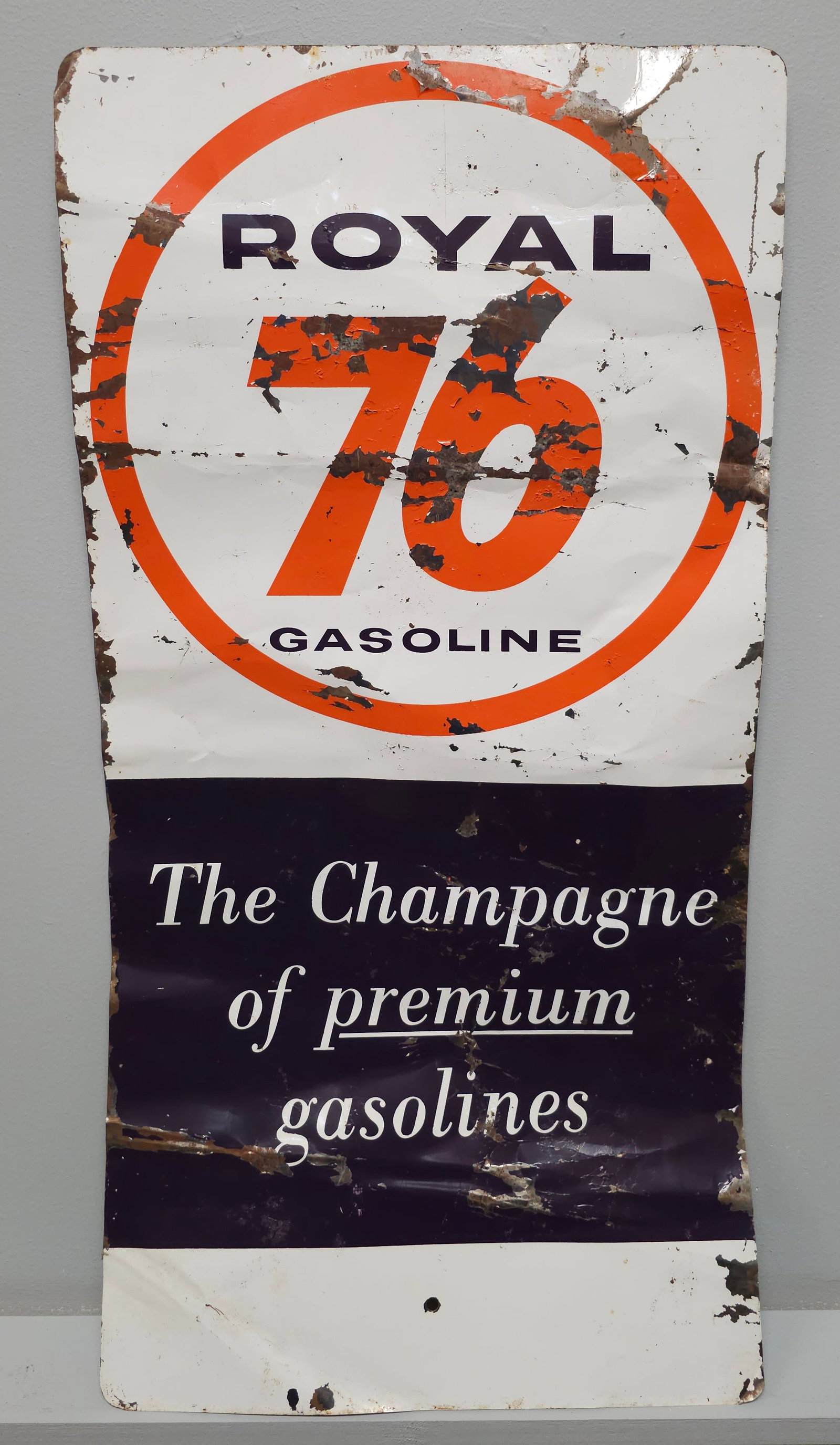 Royal 76 Gasoline (SST) Advertising Sign: Royal 76 Gasoline (SST) Advertising Sign in as seen condition. Size: 14" x 28".