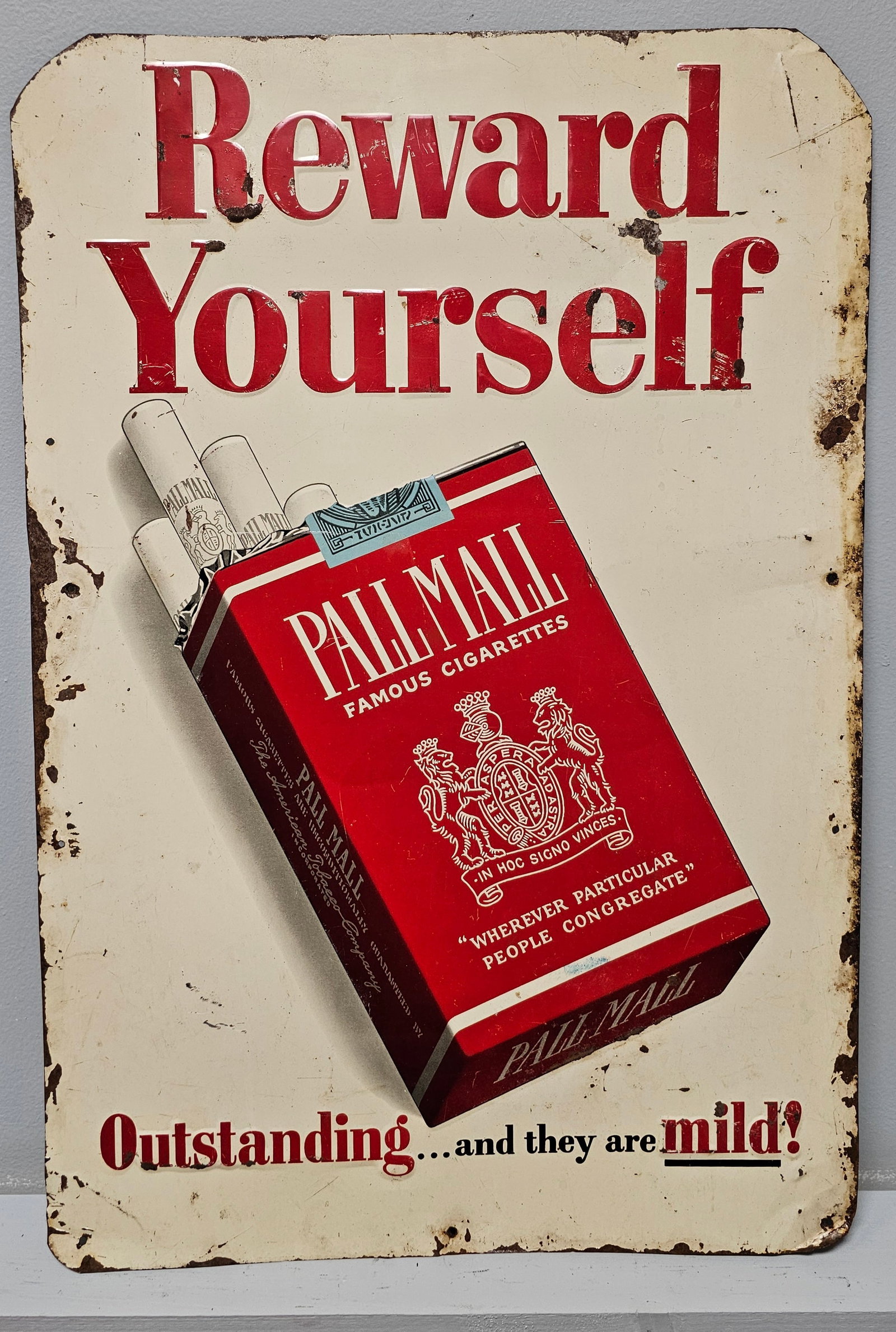 Pall Mall Embossed Tobacco (SST) Sign: Pall Mall Embossed Tobacco (SST) Advertising Sign in original state. Size: 23" x 15 1/2.