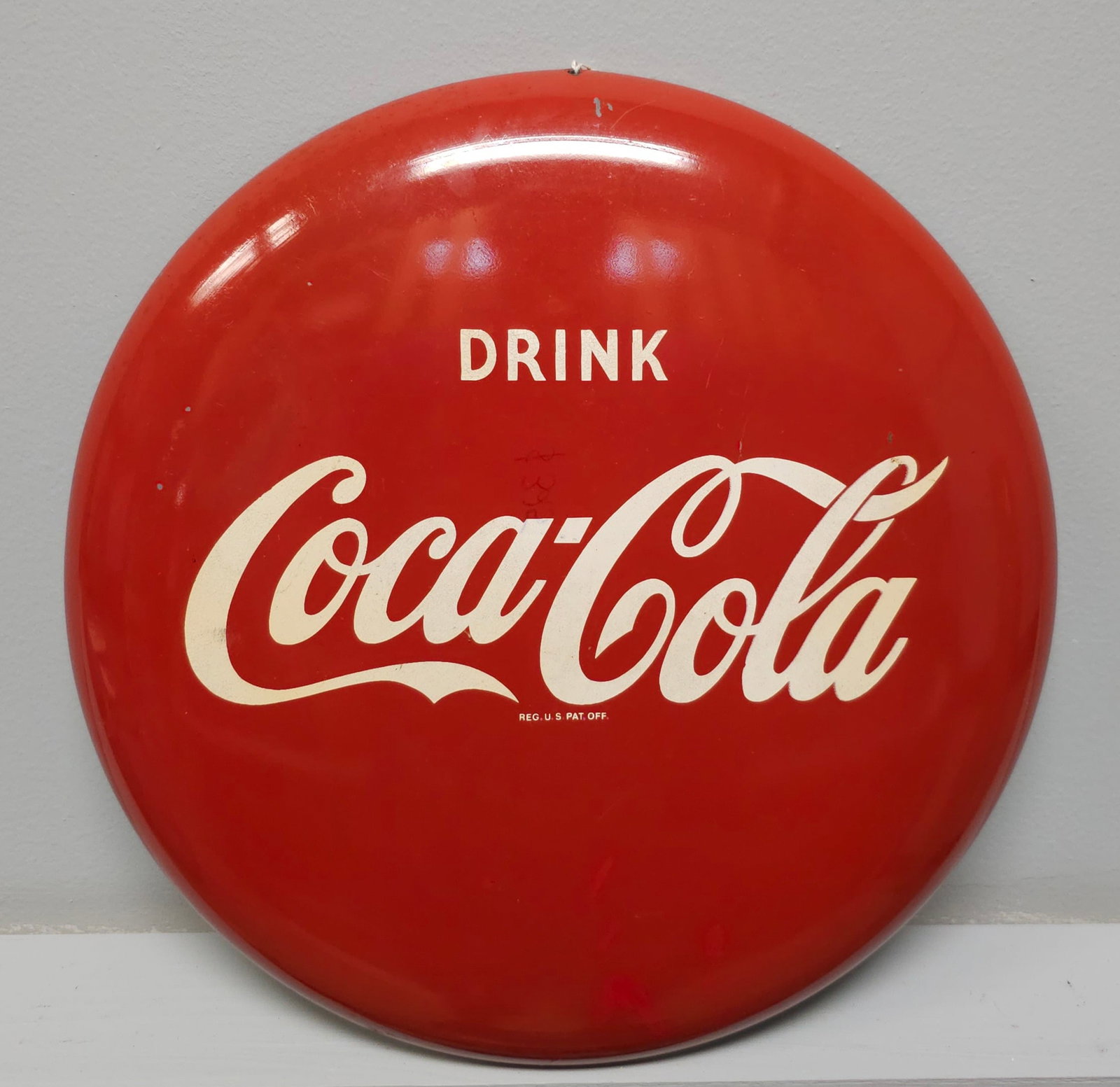 1950s Coca Cola 12" Button Soda Advertising Sign: Authentic 1950s Coca Cola 12" Button Soda Advertising Sign in great original condition, C-7.5+ minor flakes and scratch. Size: 12'