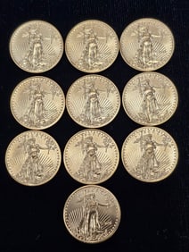2021 US $5 Dollar American Eagle Gold 1/10th Oz, Lot of 10