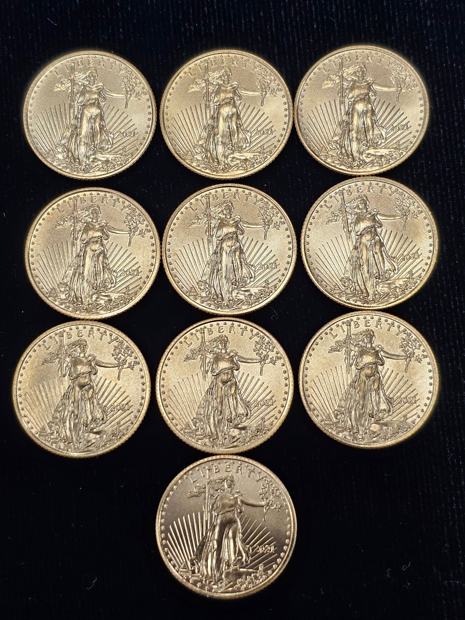 2021 US $5 Dollar American Eagle Gold 1/10th Oz, Lot of 10: 2021 US $5 Dollar American Eagle Gold 1/10th Oz, Lot of 10, (1oz, One Ounce) Total weight of Troy Gold, all are in Choice BU condition. **Note** All Gold Coins Must Be Paid with Wire Transfer or paid