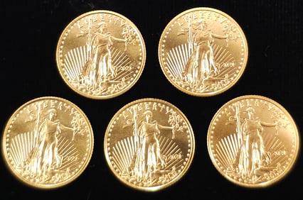 2021 US $5 Dollar American Eagle Gold 1/10th Oz, Lot of 5