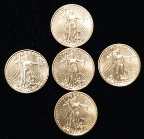 2021 US $5 Dollar American Eagle Gold 1/10th Oz, Lot of 5