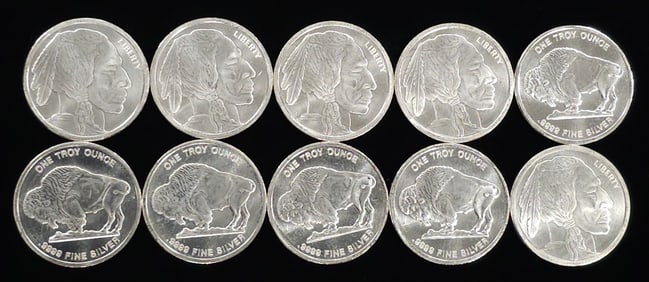 Lot of 10 1oz Troy Silver Indian Head- Buffalo Rounds