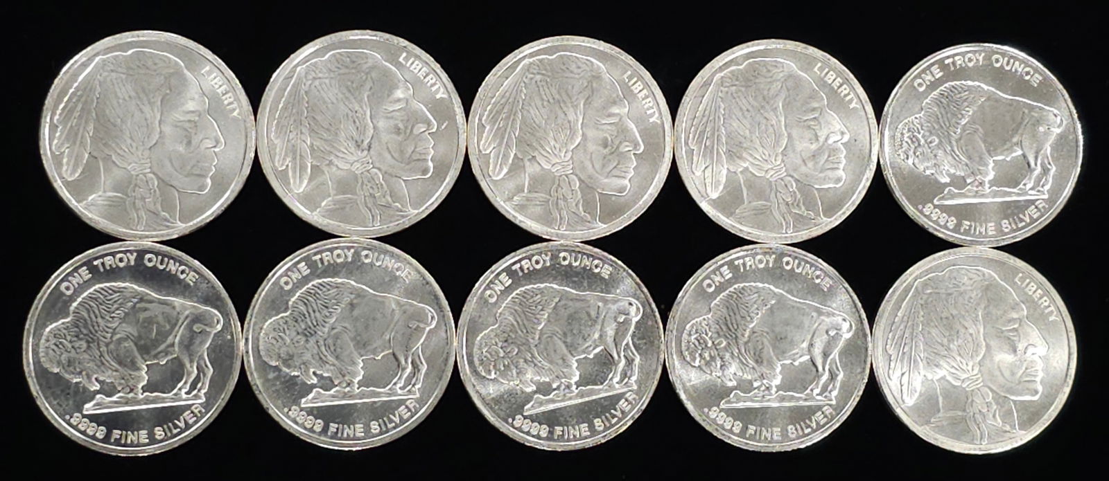 Lot of 10 1oz Troy Silver Indian Head- Buffalo Rounds: Lot of 10 1oz Troy Silver Indian Head- Buffalo Rounds. Total Troy Silver weight - 10 Troy Silver ounces. **Note** All Gold Coins Must Be Paid with Wire Transfer or paid in Cash in Person. This (Lot 28
