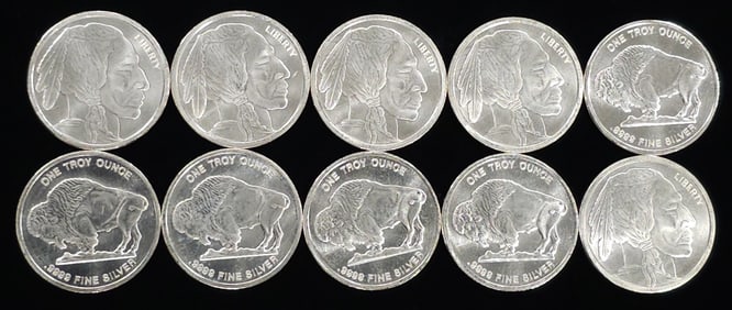 Lot of 10 1oz Troy Silver Indian Head- Buffalo Rounds