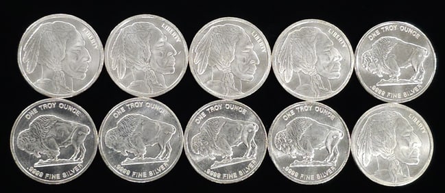 Lot of 10 (Ten) 1oz Troy Silver Indian Head- Buffalo Rounds