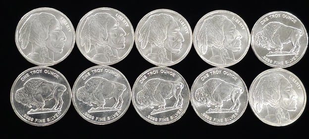 Lot of 10 (Ten) 1oz Troy Silver Indian Head- Buffalo Rounds