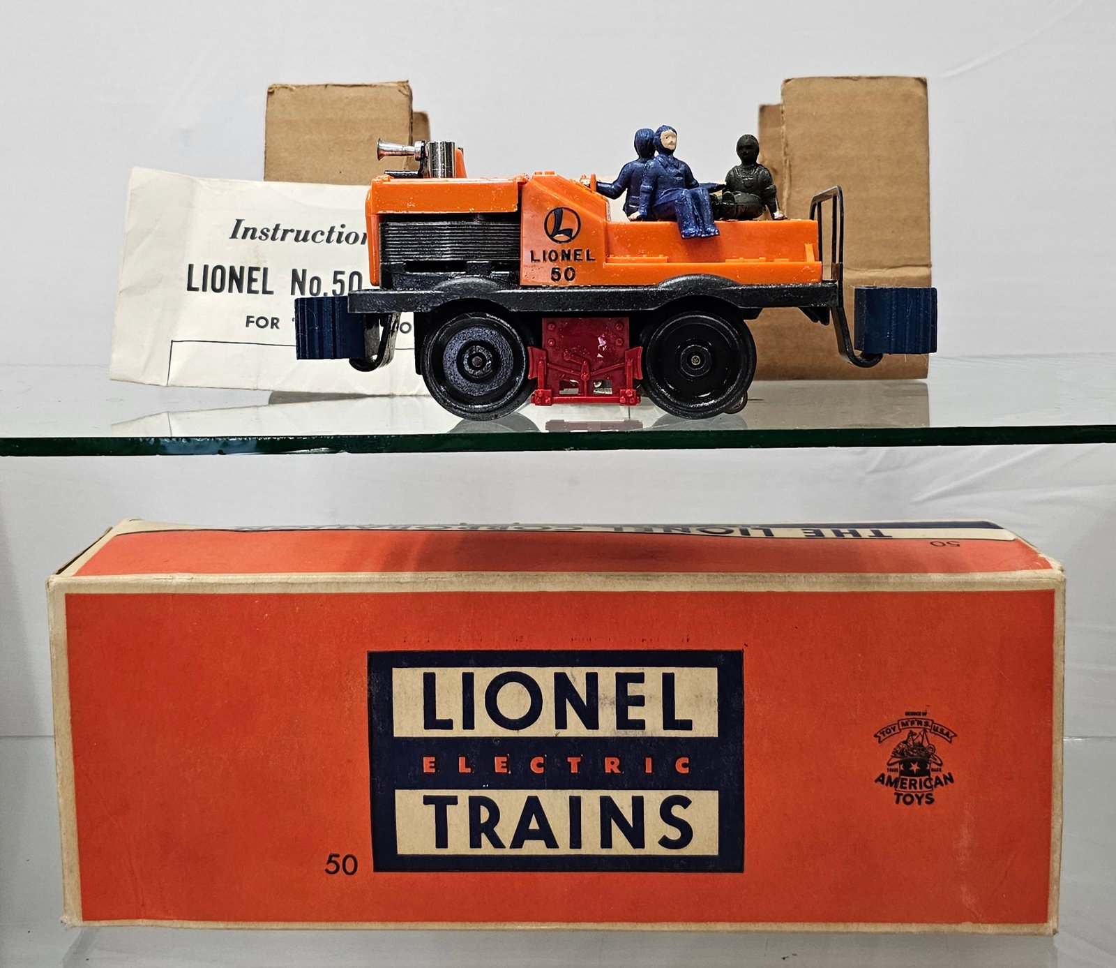 Lionel Post-War Gang Car No.50 W/ Box: Lionel Post-War Gang Car No.50 W/ Box, includes original box, original insert, original instruction manual. Horn is in the Center, Second production. Hand controls are not broken. C-8+ & Box, insert,
