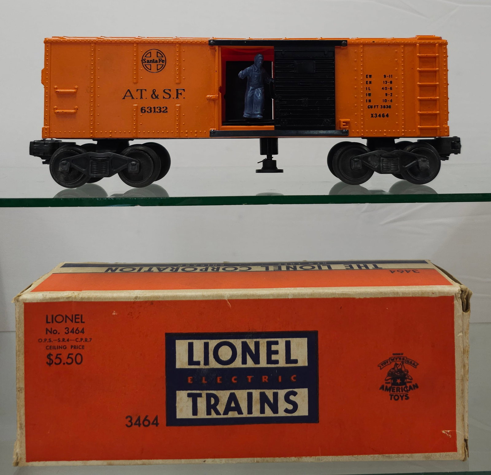 Rare Lionel Post-War No.3464 SF Boxcar: Rare Lionel Post-War No.3464 Santa Fe Animated Boxcar in C-8+ condition, lightly run. Original box B-4 NOTE: Stamped "SPECIAL" (The word "special" stamped on a Lionel train box typically indicates tha