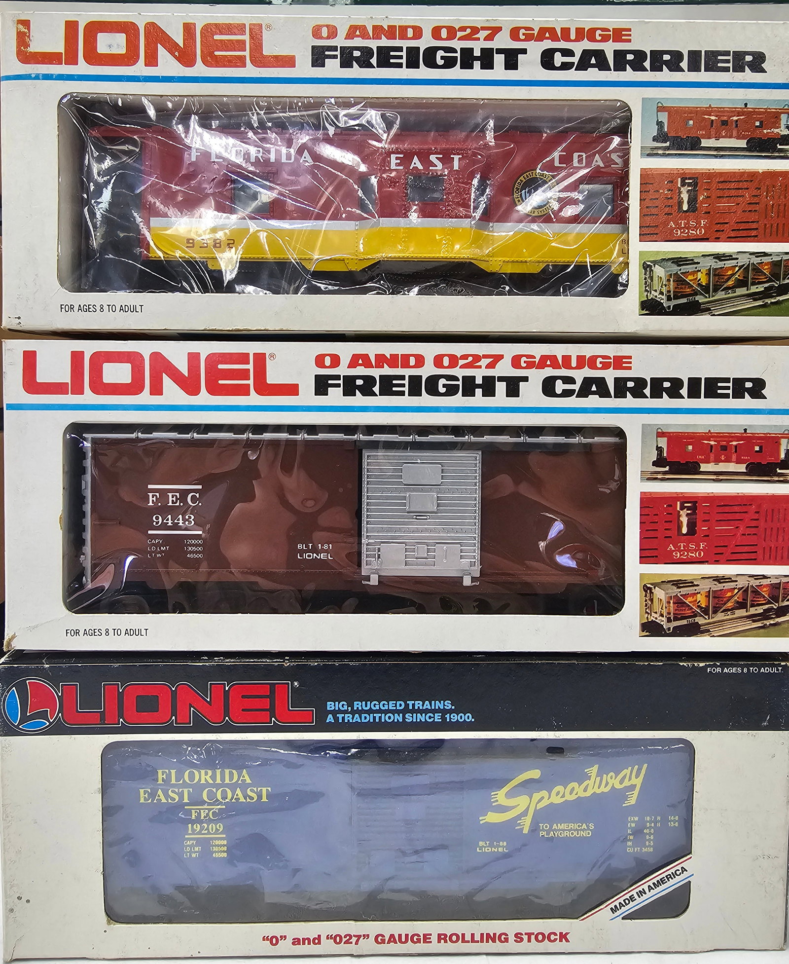 Lionel FEC Rolling Stock Lot of 3 NIB: Lionel FEC Rolling Stock Lot of 3 New in Box 1. 6-19209 FEC Boxcar. 2. 6-9443 FEC Boxcar. 3. 6-9382 FEC Bay Window Caboose, This caboose paint scheme matches the trains in lot 244.