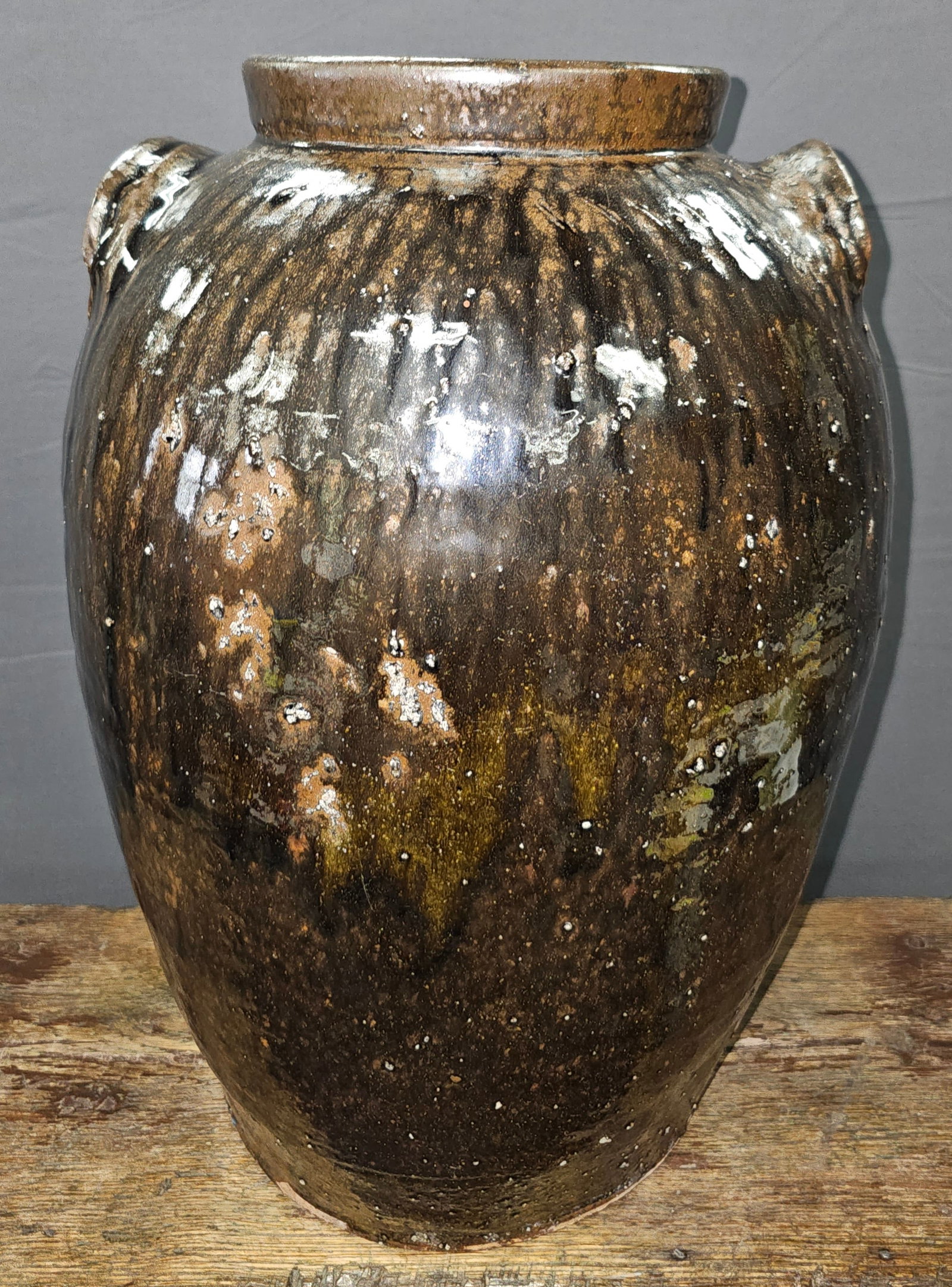1840's Edgefield, SC 5gal Storage Jar: 1840's Edgefield, SC 5 Gallon Storage Jar with outstanding eye appeal this jar is very impressive. The jar has five slash marks (slave made). Condition: has rim chip restoration done exceptionally wel