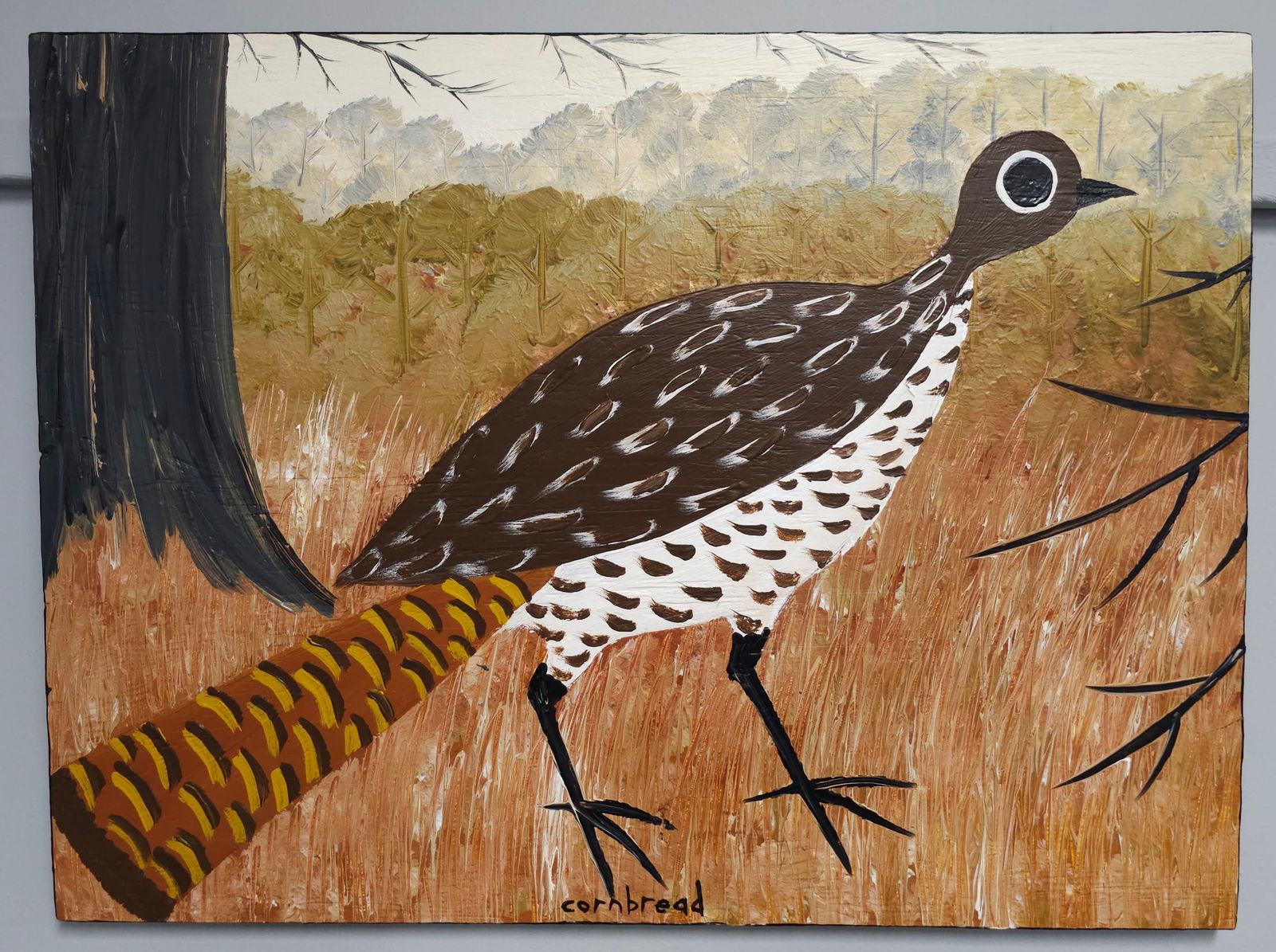 Cornbread Grouse Folk Art Painting: John "Cornbread" Anderson of North Georgia Folk Art Grouse Painting on wood, hard to find painting of Grouse. Size: 18" T x 24" W