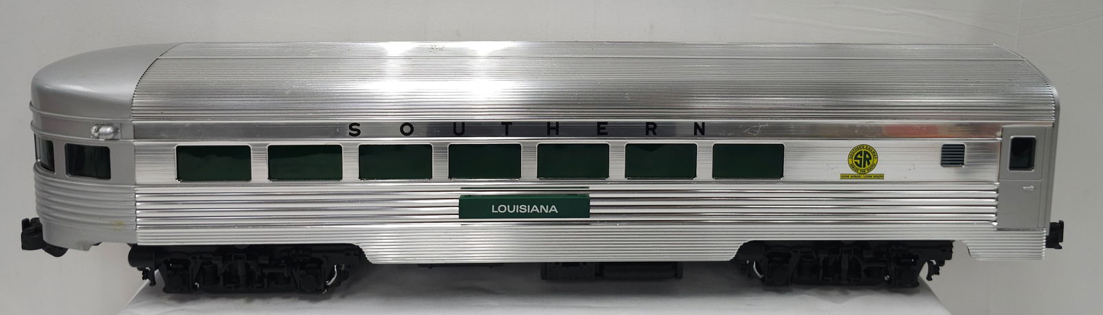 Aristo-Craft Southern "Louisiana" Passenger Car: Aristo-Craft G-Scale 32511 Southern "Louisiana" Aluminum Streamline Passenger Car, C-8, comes with sound. No box. Aluminum body, illuminated interior, approx. 30" L.