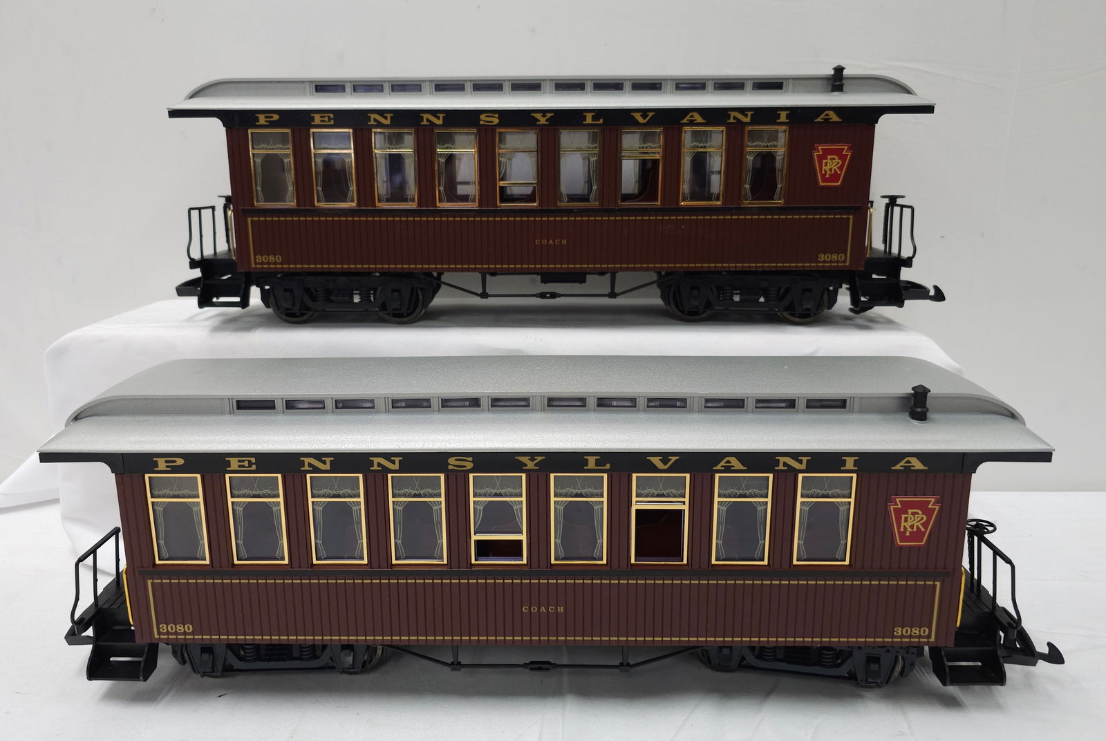 LGB G-Scale PRR Coach Car Lot of 2: LGB 3280 G-Scale Pennsylvania Railroad Coach Car Lot of 2, C-8+, No boxes. In Tuscan Red Livery.