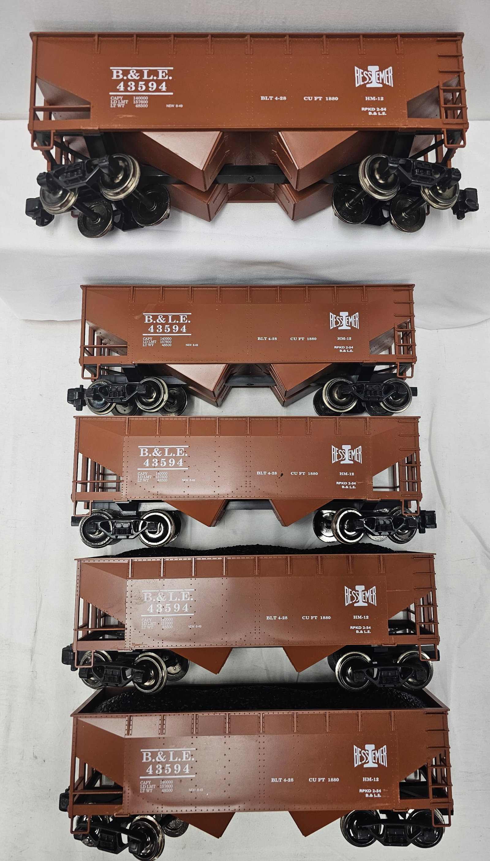 G-Scale B & L.E. 2-Bay Hopper W/Coal Load: G-Scale B & L.E. Bessimer and Lake Erie Railroad 2-Bay Hopper W/Coal Load. All are in C-7+ condition