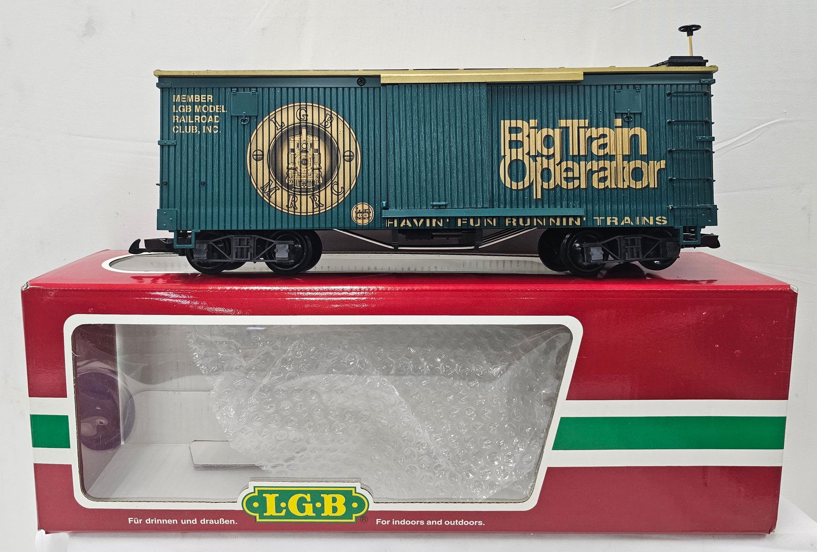 LGB 46675 Big Train Operator Boxcar: LGB 46675 G-Scale Big Train Operator Boxcar, C-8+, comes with box, B-4.5+, very good condition.