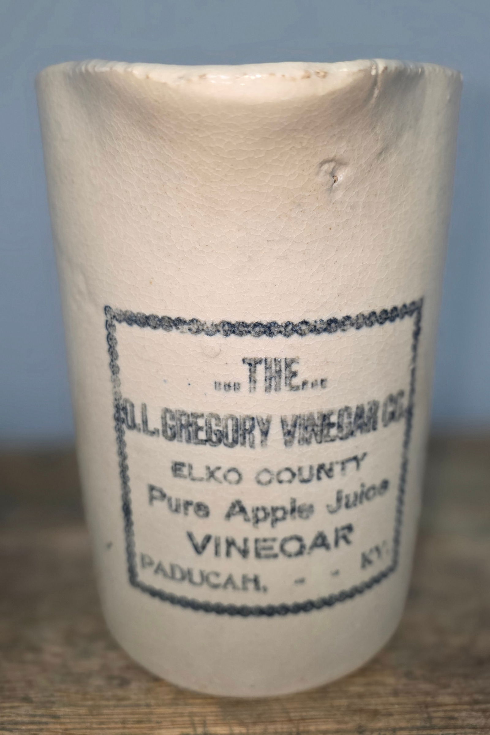 O.L. Gregory Vinegar Company Stencil Pitcher: O.L. Gregory Vinegar Company Elko County, Pure Apple Juice Vinegar, Paducah, Kentucky Stencil Pitcher. Condition: collector grade with no damage. Standing 7 3/4" tall.