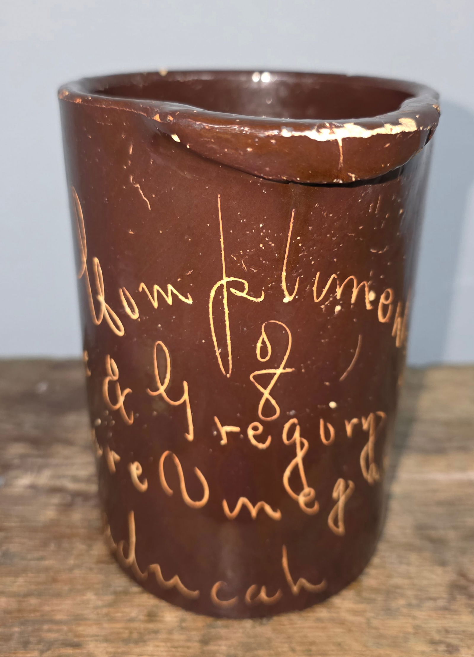 Wallace & Gregory Bros. Pure Vinegar Pitcher: Compliments of Wallace & Gregory Bros. Pure Vinegar Paducah, Kentucky Pitcher. Slip glaze scratch pitcher with typical minor glaze flaking due to age and use, one tight stress line about 3" long. with