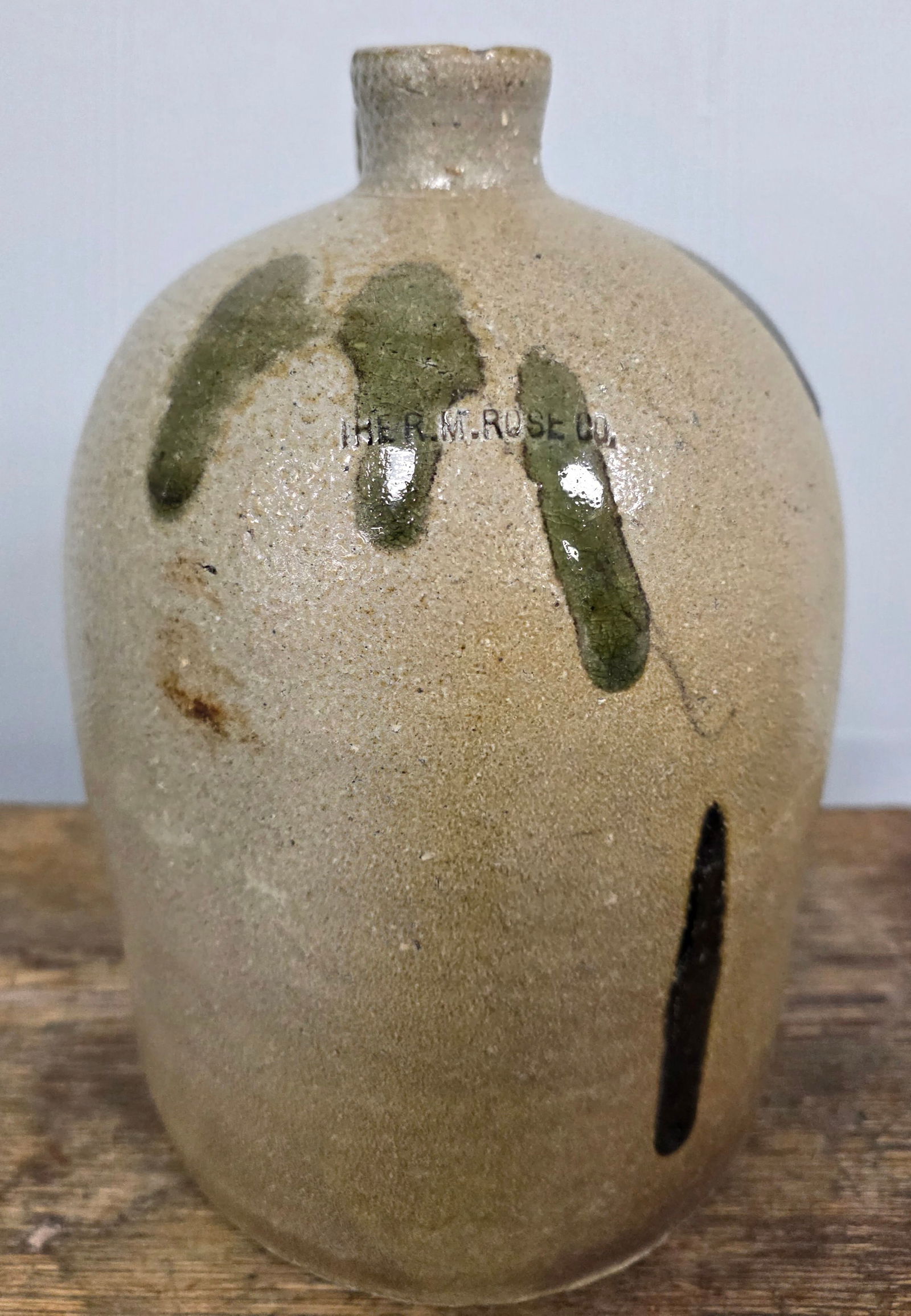 Early 1870s 1 Gal Stamped (The Rose Co.) Jug: Early 1870s One Gallon Stamped (The Rose Co.) Advertising Whiskey Jug, salt-glaze with stellar kiln drips that make for incredible and collector eye appeal. In my opinion I can assure you this is one