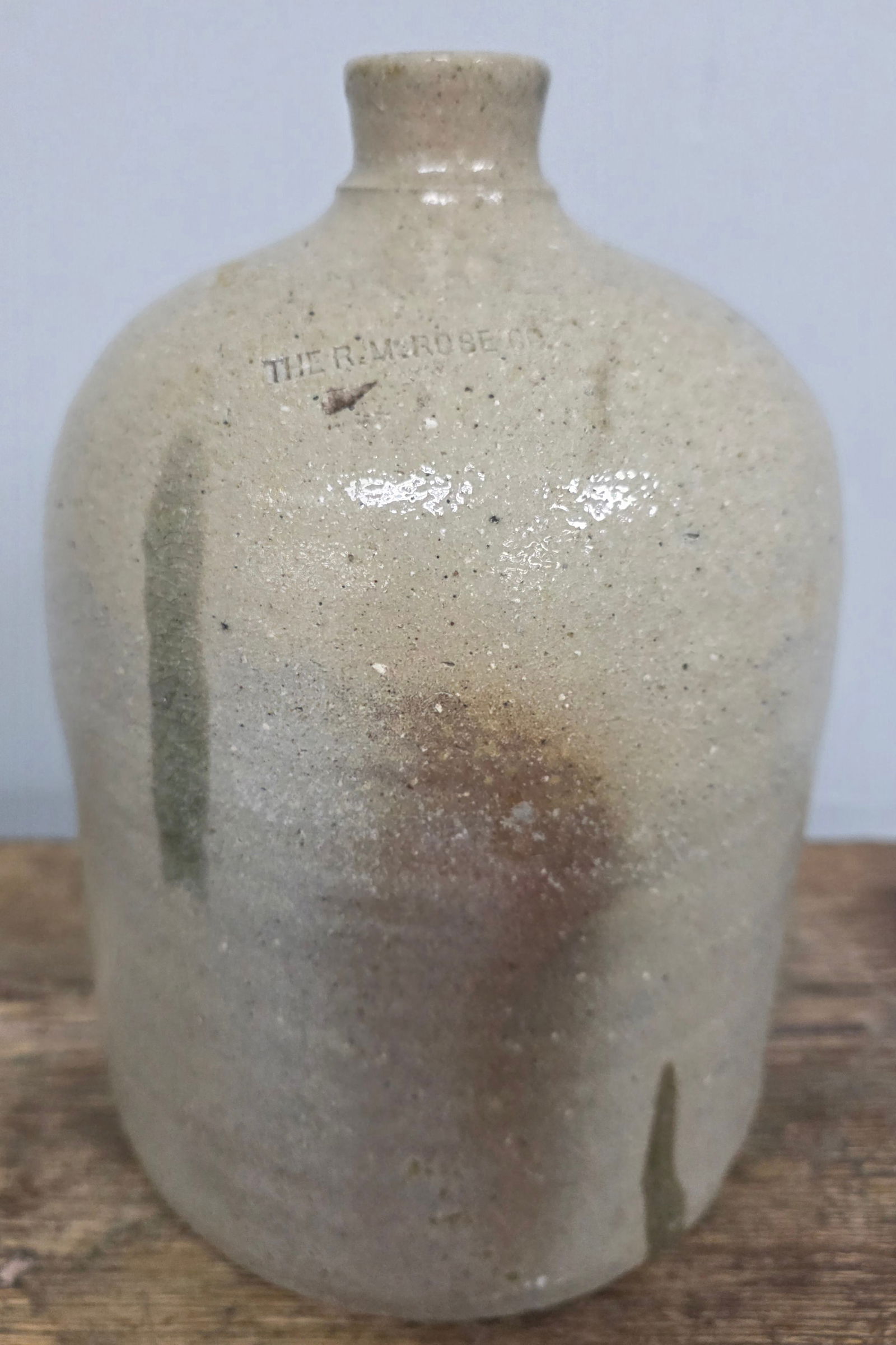 R.M. Rose Co. Stamped Salt Glaze Jug: Exceptional R.M. Rose Co. Stamped Advertising Salt Glaze Jug from the early 1870s. This example is a Cagle top shelf piece and will be very difficult to upgrade from. Salt-glaze with impressive kiln d
