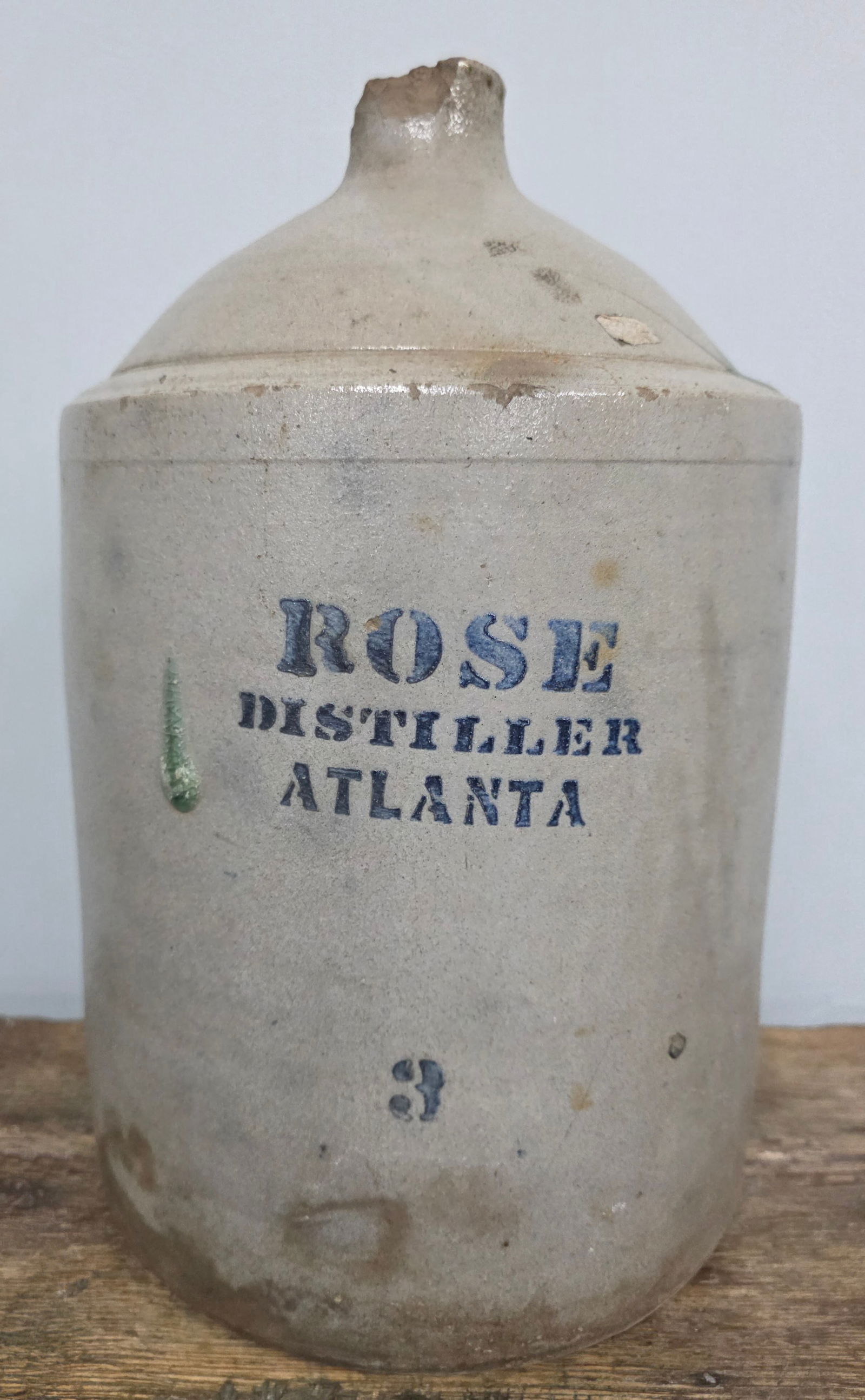 1870's RM Rose Salt Glaze 3 Gal Whiskey Jug: 1870's RM Rose Salt Glaze 3 Gallon Whiskey Jug with a few rim chips around the lip, typical for age and use. No cracks or repairs, this is a very nice example. Standing: 15 1/4" Tall.