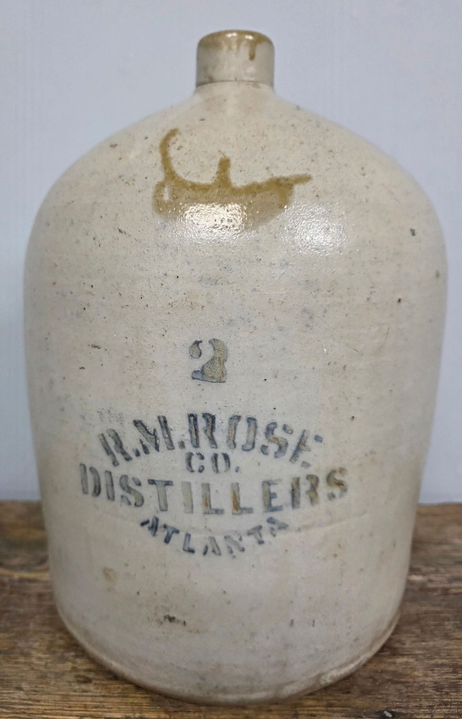 1870's RM Rose 2 Gal Whiskey Jug: 1870's RM Rose 2 Gallon Whiskey Jug, strong C H Bird attribution located in Howell Mills District Atlanta, Georgia. This is a collector grade, premium example with no cracks or repairs. Standing: 12 3