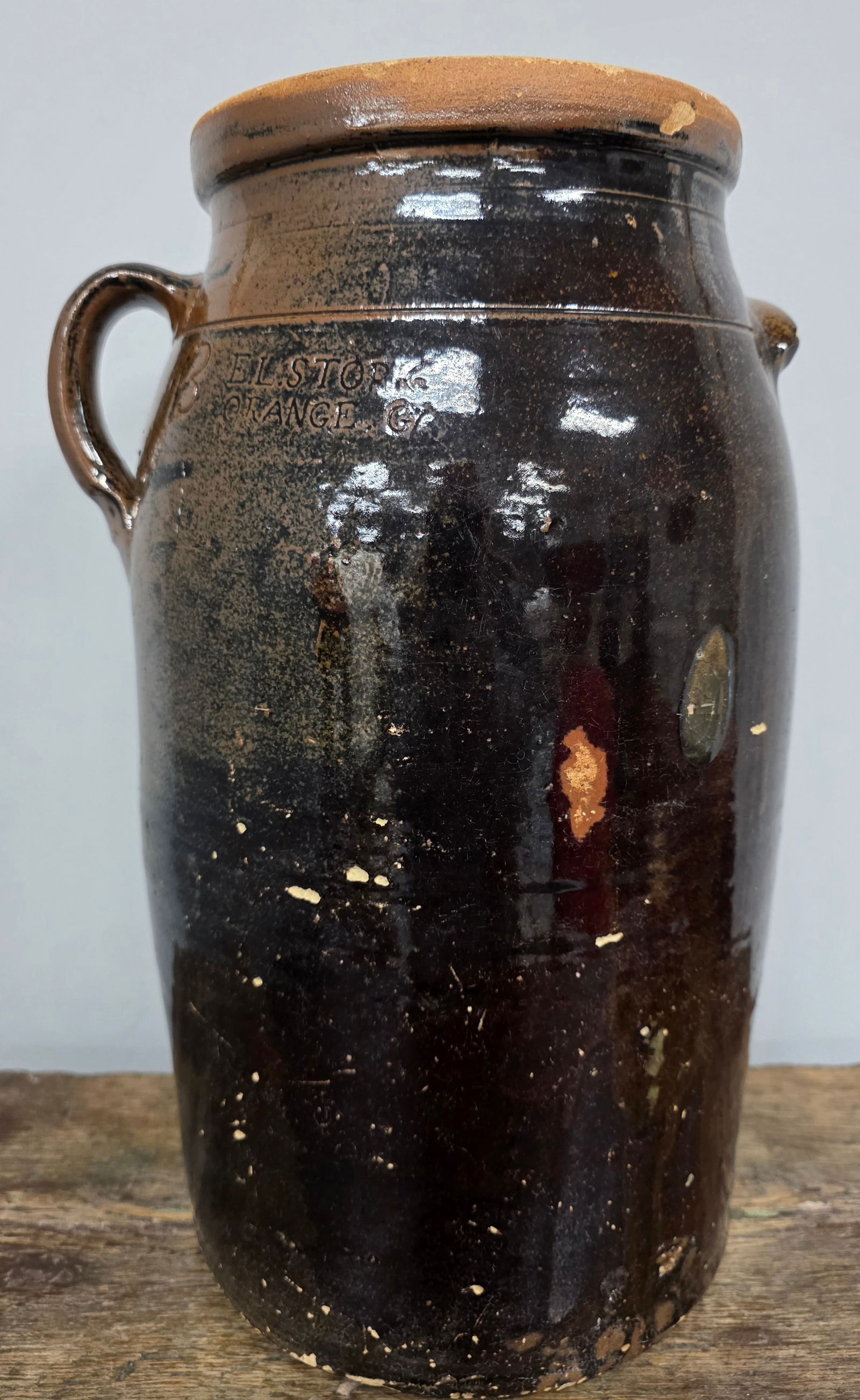 Signed 3 Gal E L Stork Churn: Signed 3 Gal E L Stork Churn with very nice eye appeal and in collector grade condition and light glaze flaking. No chips, cracks, or repairs. Standing: 15 1/4" Tall.