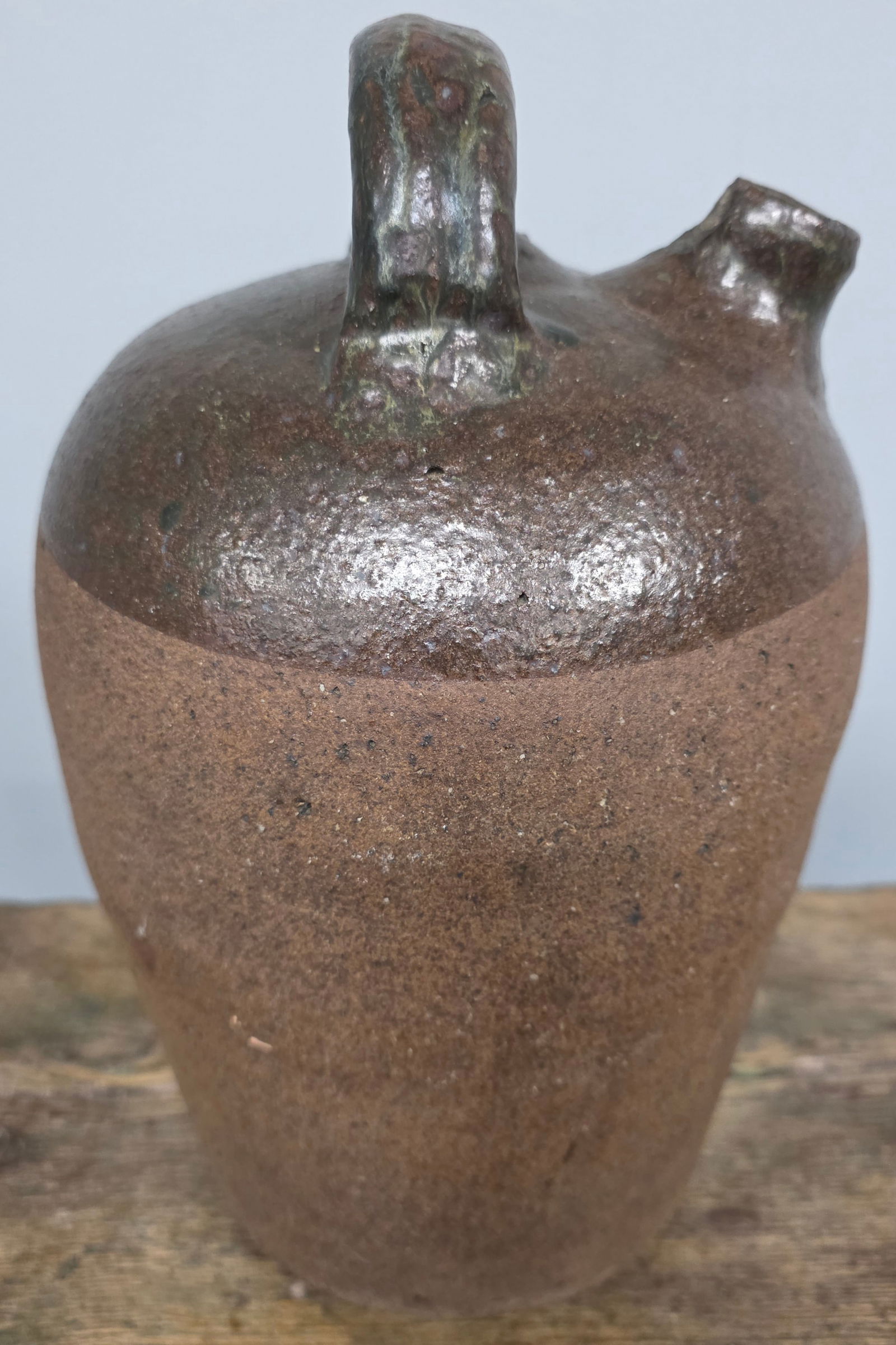 Rare Eddie Averett Harvest-Monkey Jug: Rare Eddie Averett Harvest-Monkey Jug from Crawford County Georgia. This is an exceptional example with a beautiful electric green bluish colored alkaline glaze on the top glazed part of the jug these