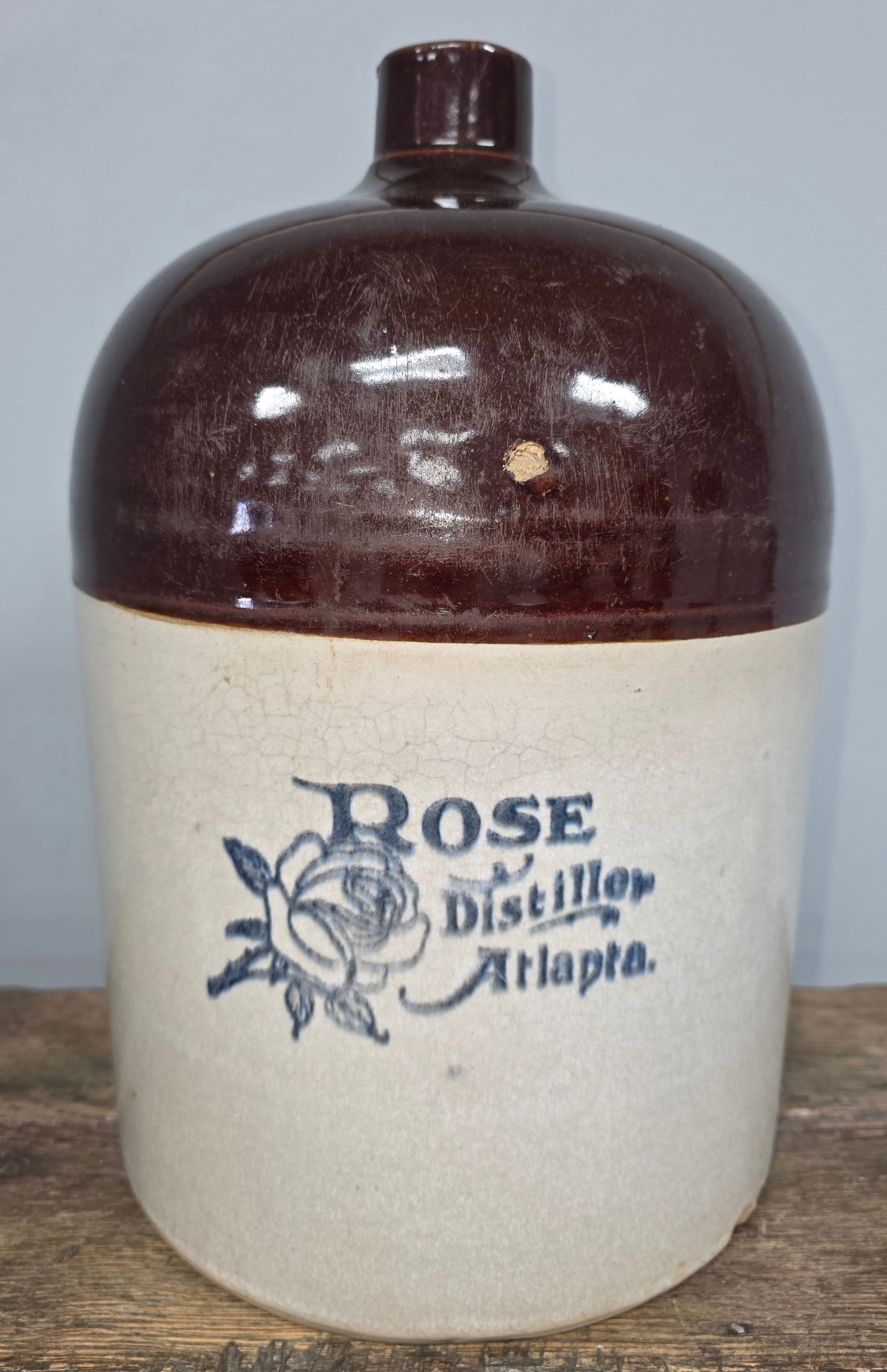 RM Rose Atlanta, Georgia 3 Gallon Whiskey Jug: RM Rose Atlanta, Georgia 3 Gallon Whiskey Jug with a strong stencil and in very good condition. Has a few chips but these are typical for age and use, no cracks or repairs. Standing: 14 1/2" Tall.