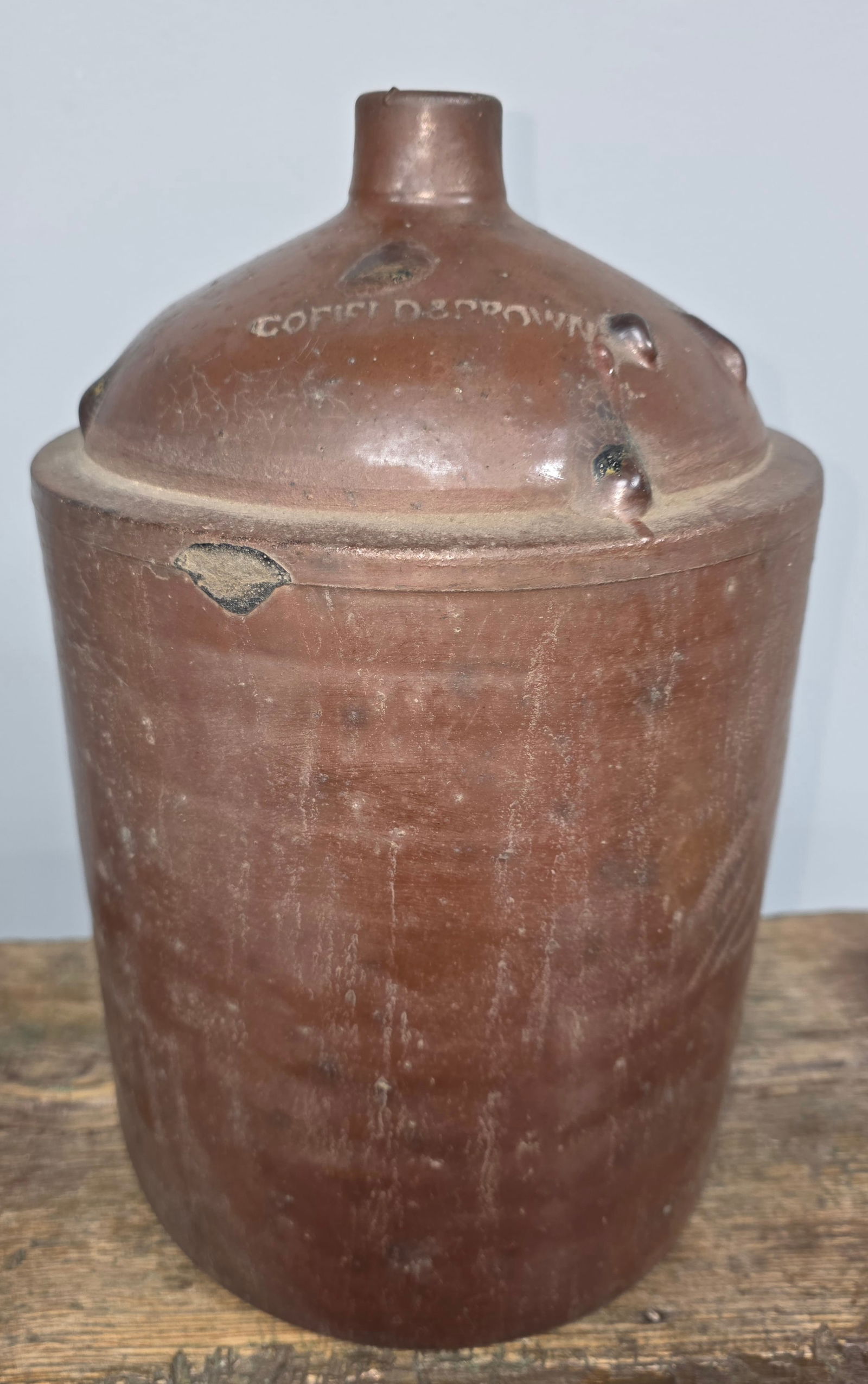 Cofield & Brown Atlanta, Ga. Signed 2 Gallon Jug: Cofield & Brown Atlanta, Ga. Signed 2 Gallon Jug. Hard to find an example with the Cofield and Brown stamp, This example has a strong stamp on the shoulder with the slip glaze and nice killer drips on